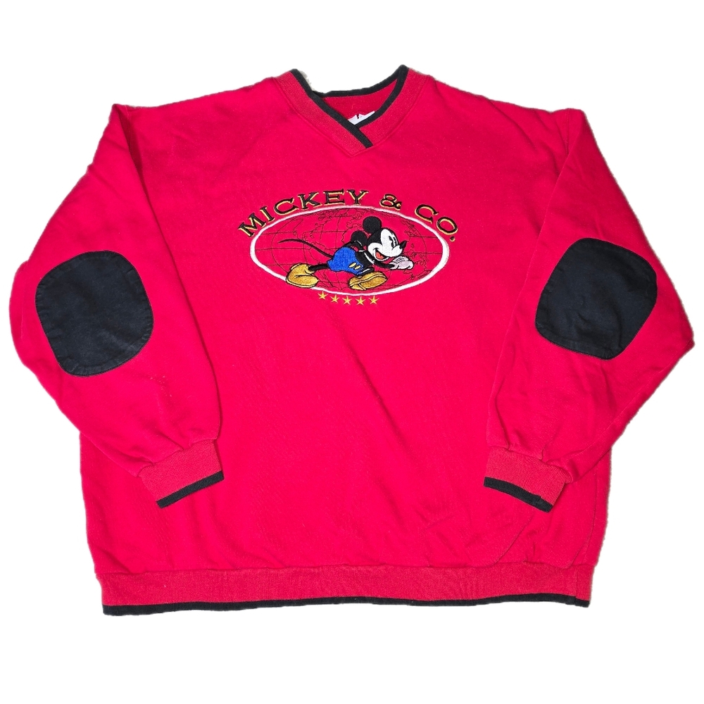 Vtg 90's Disney Womens Sz XL Mickey Mouse Elbow Patch Sweatshirt Red Embroidered